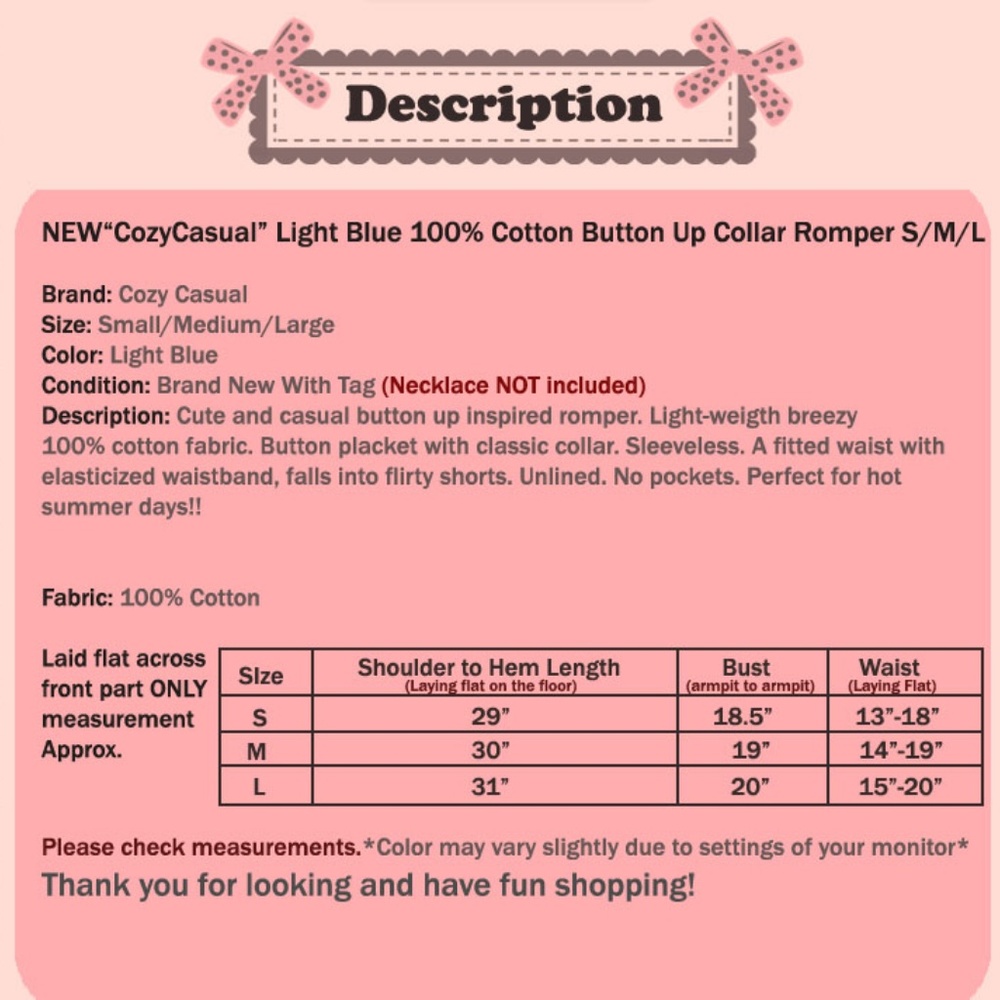 Light Blue 100% Cotton Button Up Collar Romper - Picture 8 of 8